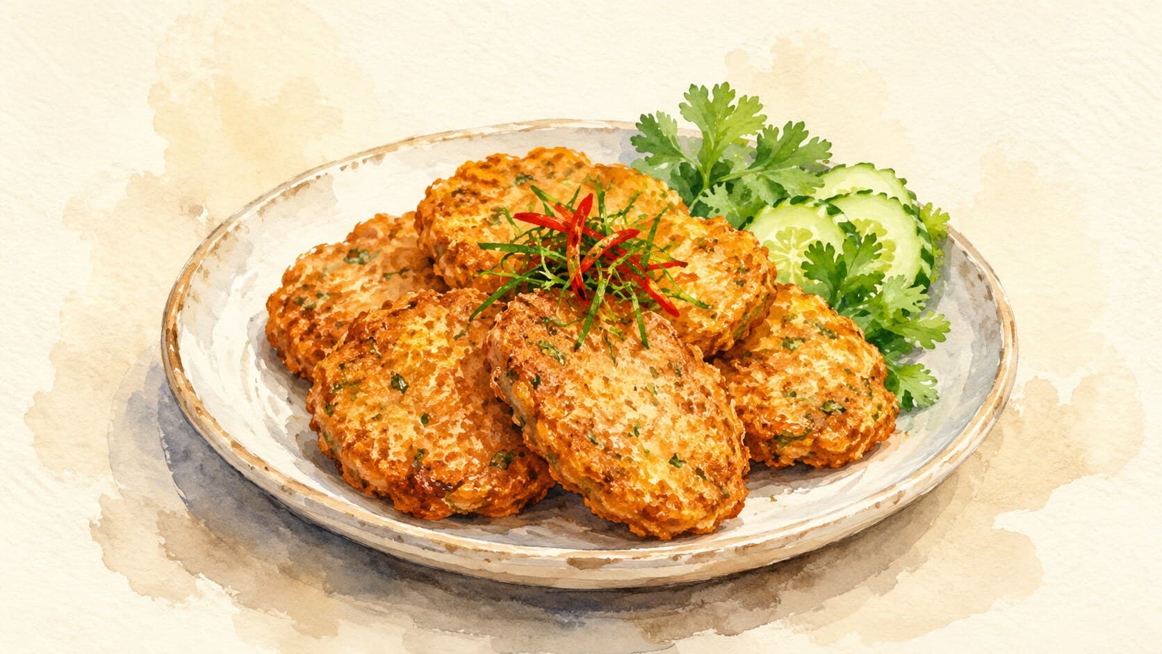 Small golden-brown fish patties with green kaffir lime leaf flecks, served with cucumber-relish dipping sauce.