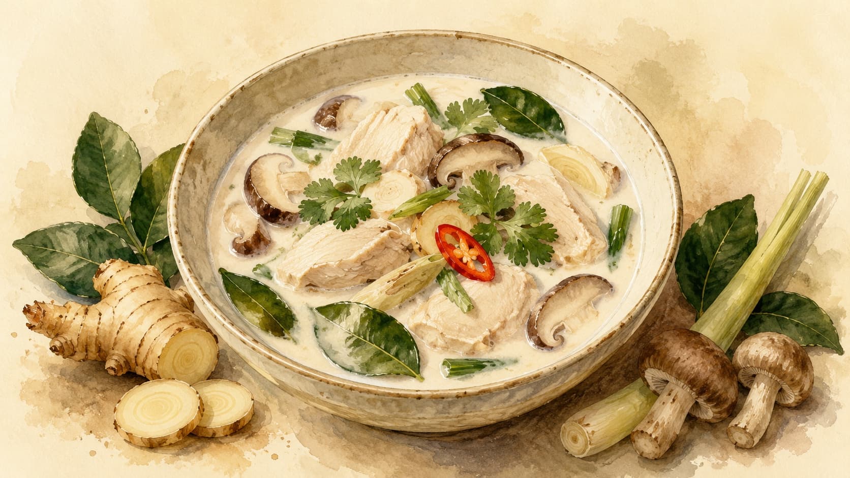 A bowl of Tom Kha Gai garnished with cilantro and lime.