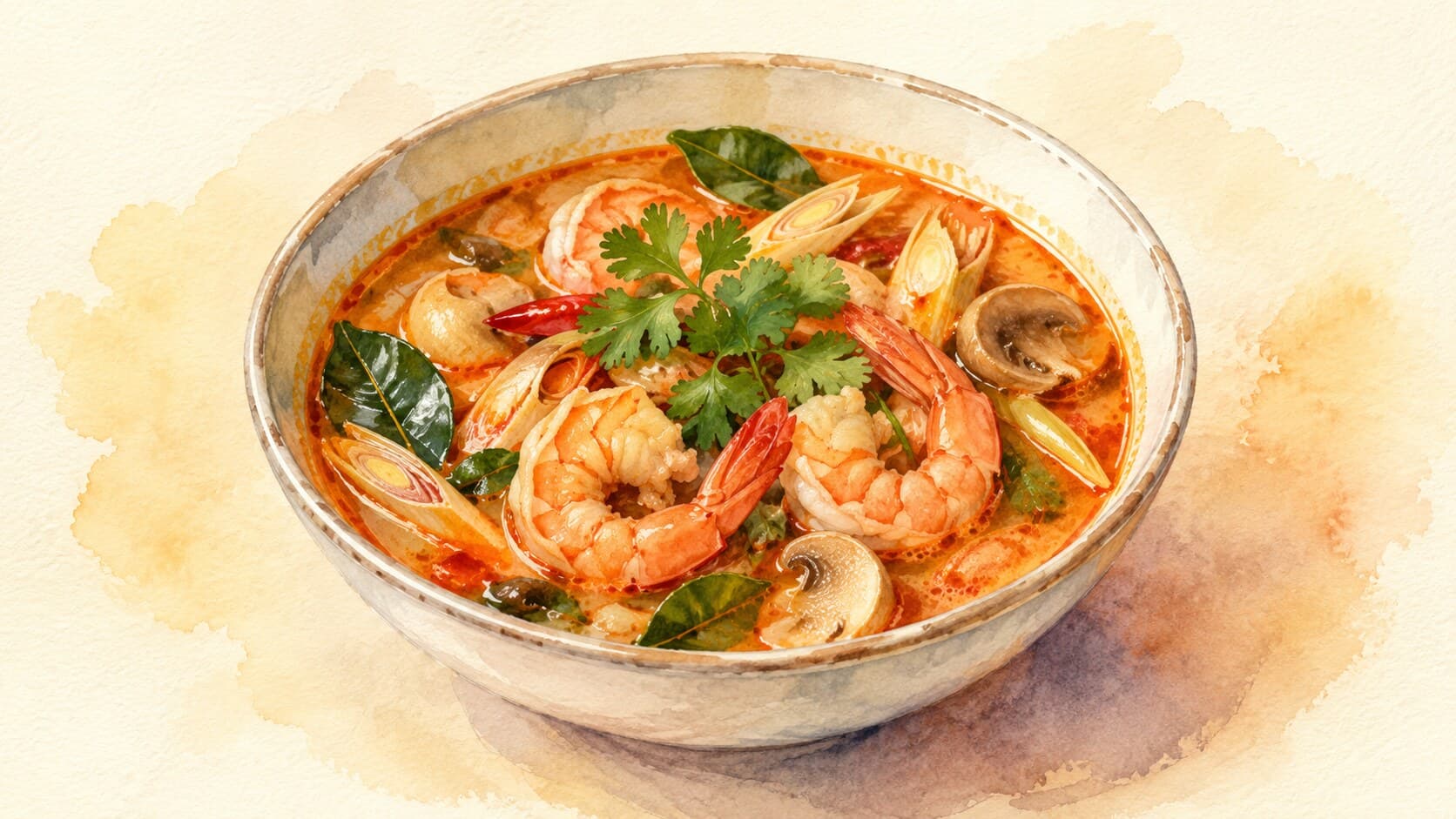 A vibrant bowl of Tom Yum Goong steaming with herbs and shrimp.