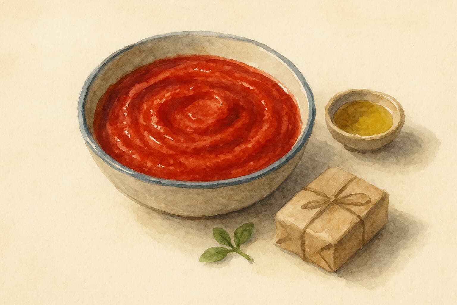 A vibrant watercolor illustration of a rich tomato passata base in a bowl.