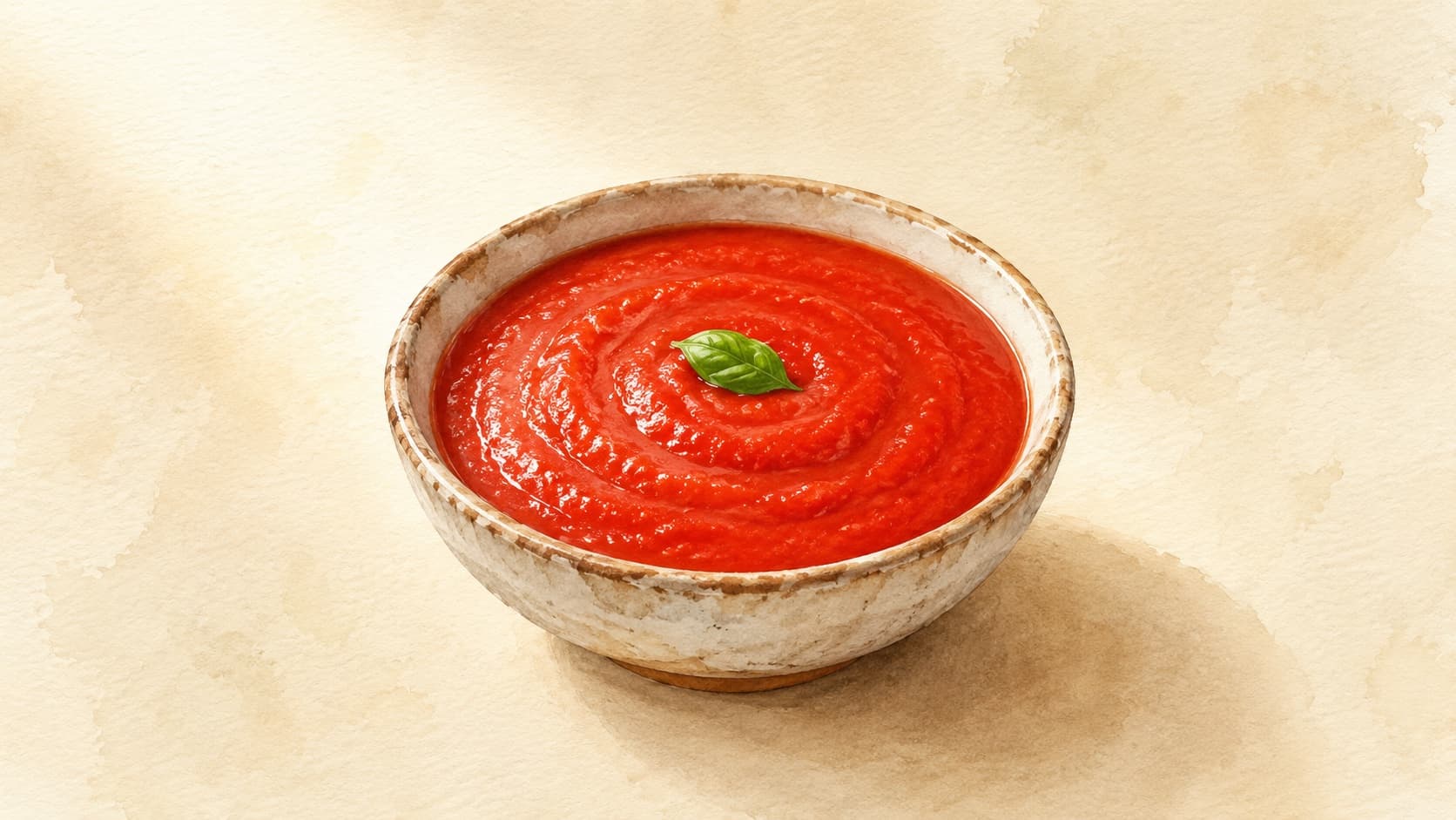 A vibrant watercolor depiction of a pot of tomato sauce with fresh herbs and ingredients surrounding it.