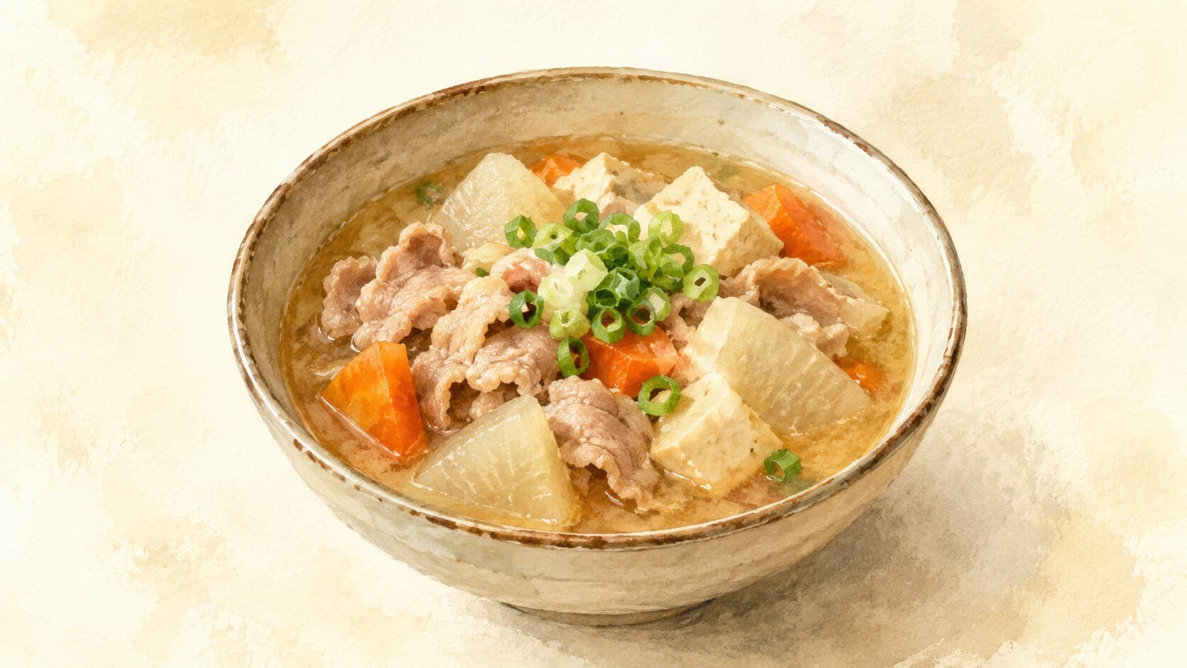 A vibrant bowl of Tonjiru soup filled with pork and colorful root vegetables.
