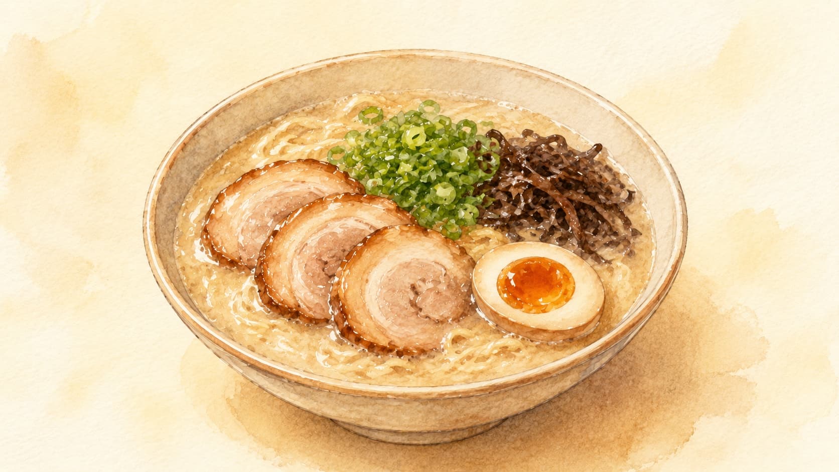 A steaming bowl of Tonkotsu Ramen garnished with green onions and a soft-boiled egg.
