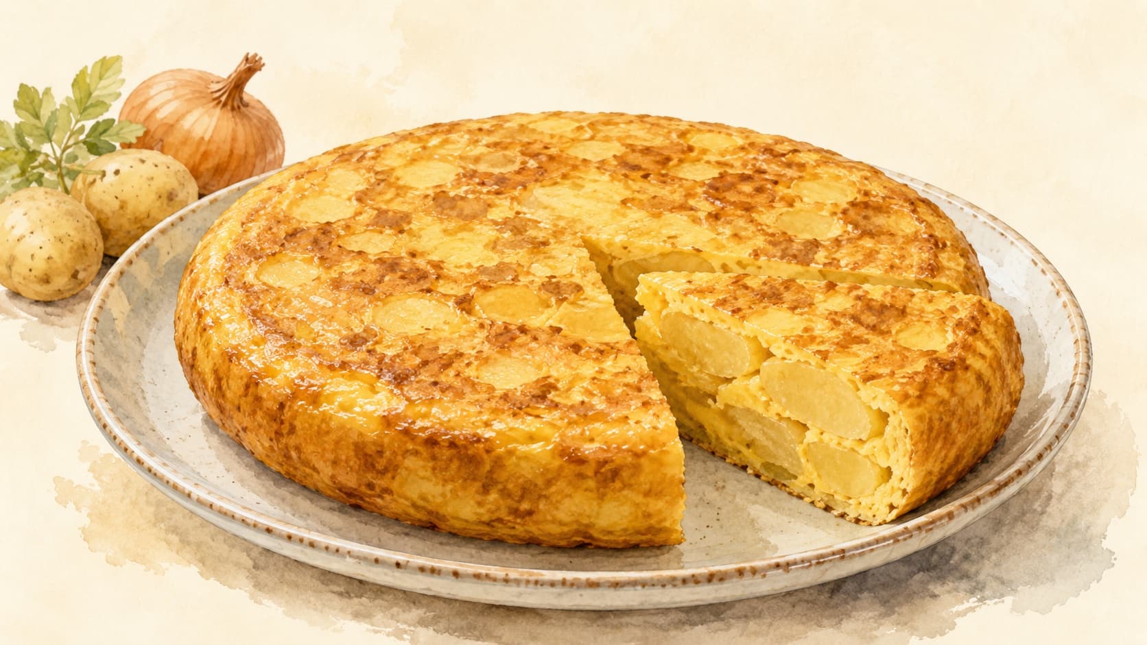A beautifully golden tortilla Española on a rustic wooden table.