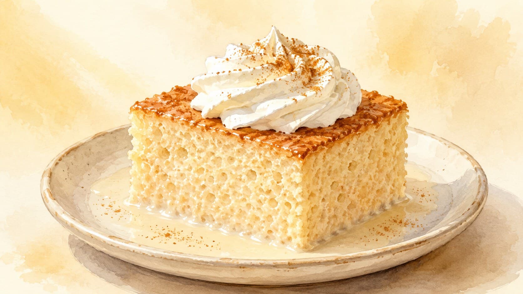 A square slice of pale sponge cake topped with whipped cream and dusted with cinnamon.