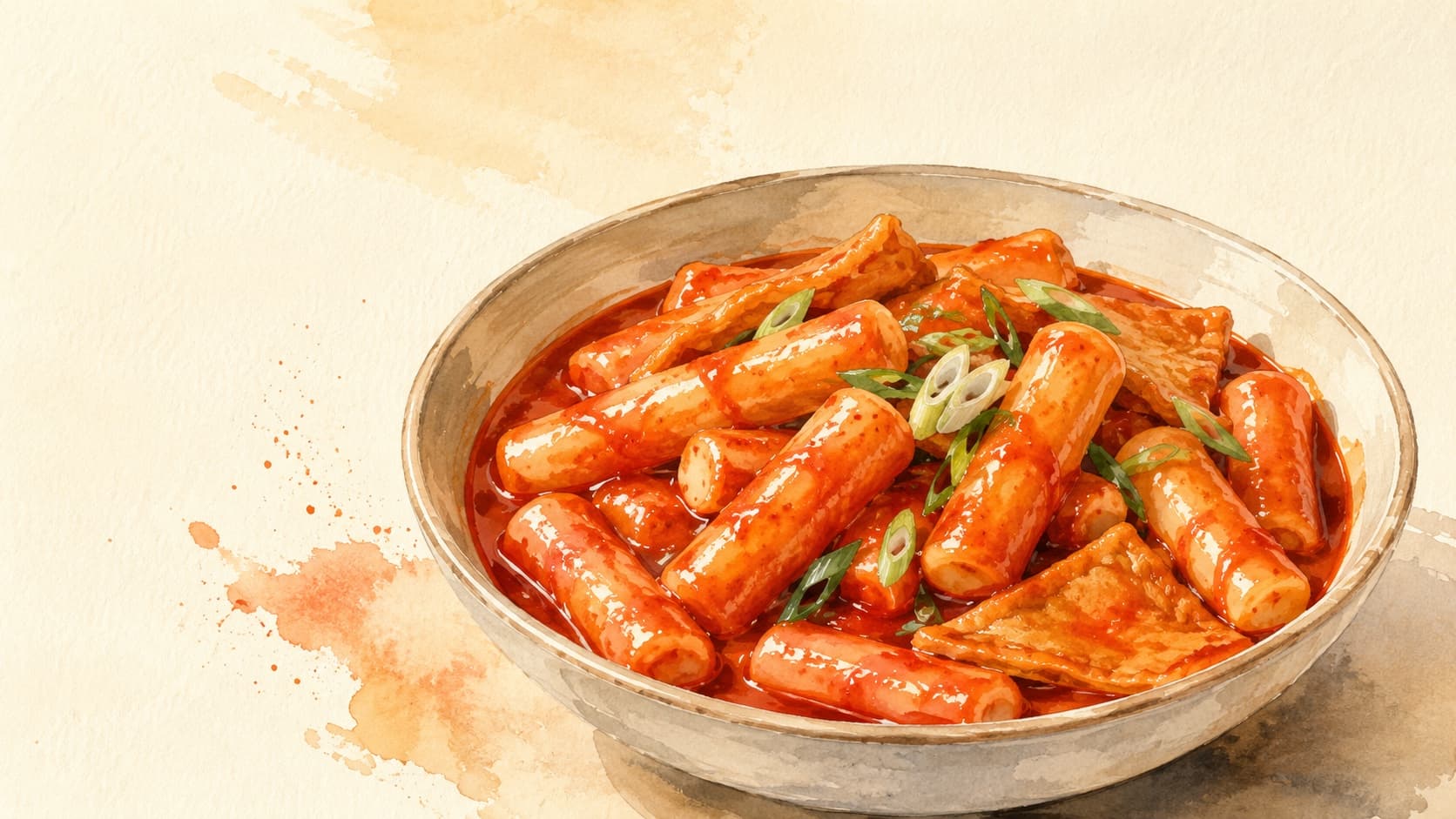 A vibrant plate of tteokbokki coated in a glossy red sauce.