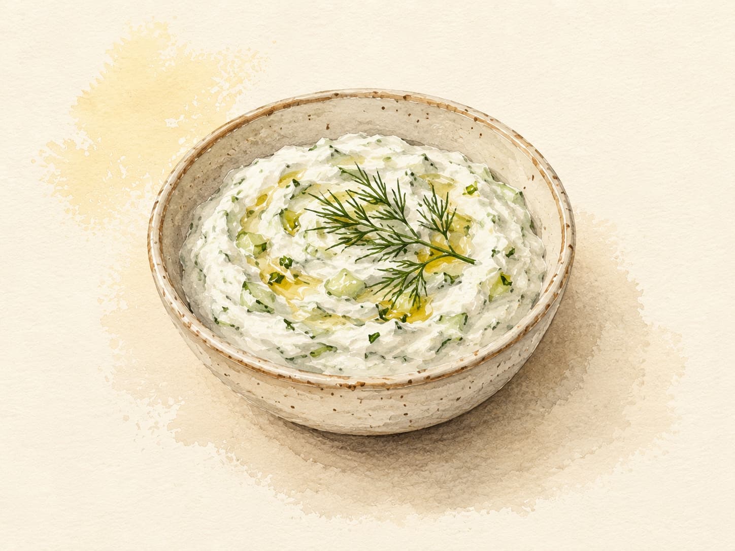 A bowl of tzatziki garnished with olive oil and herbs.