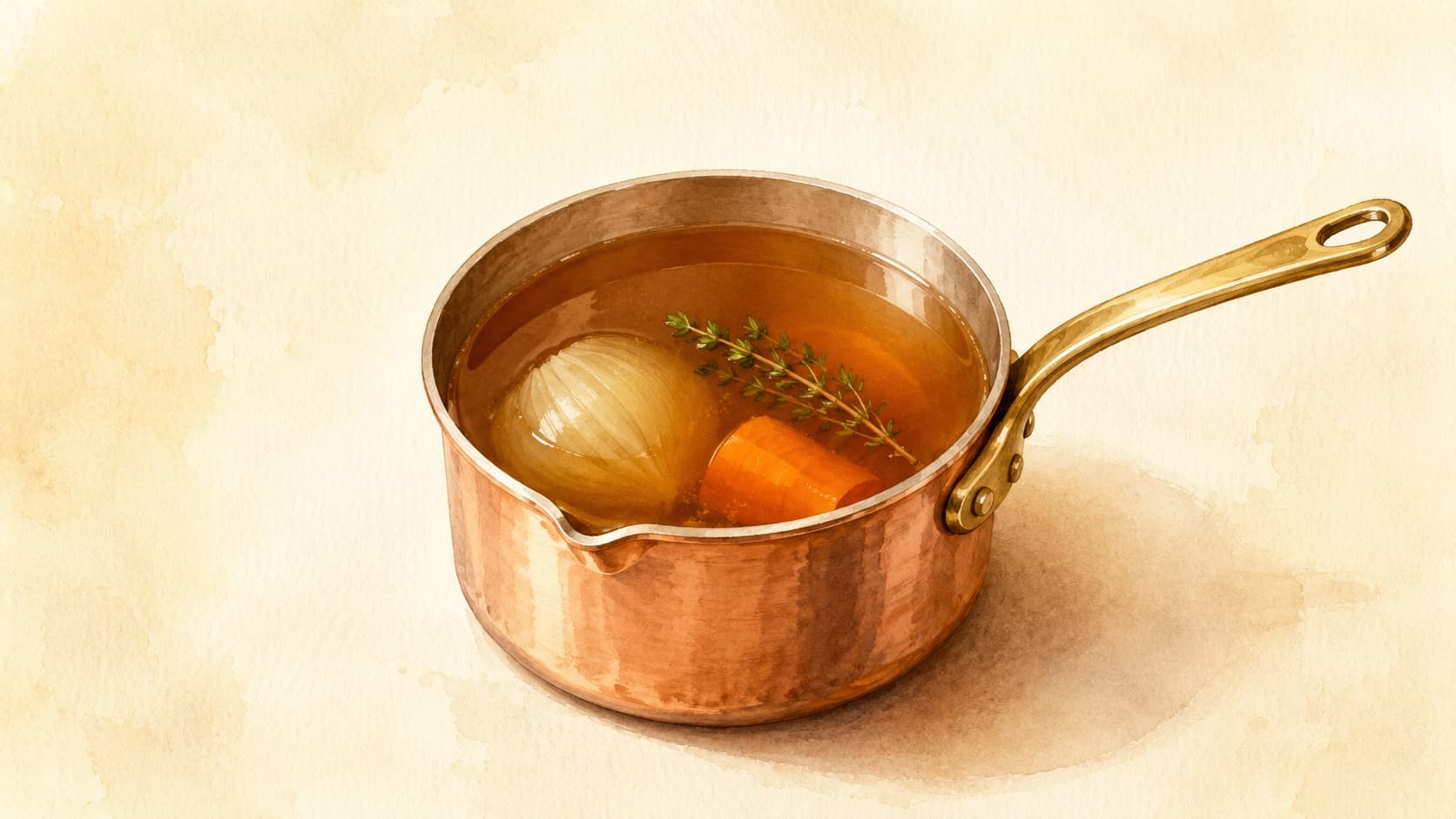 A watercolor illustration of a pot filled with veal stock garnished with fresh herbs.