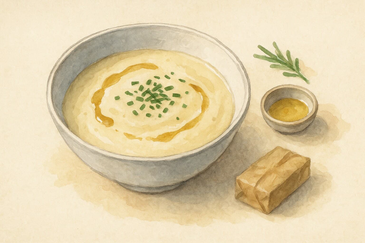 A beautifully plated bowl of veloute de volaille, highlighting its smooth texture and garnished with fresh herbs.