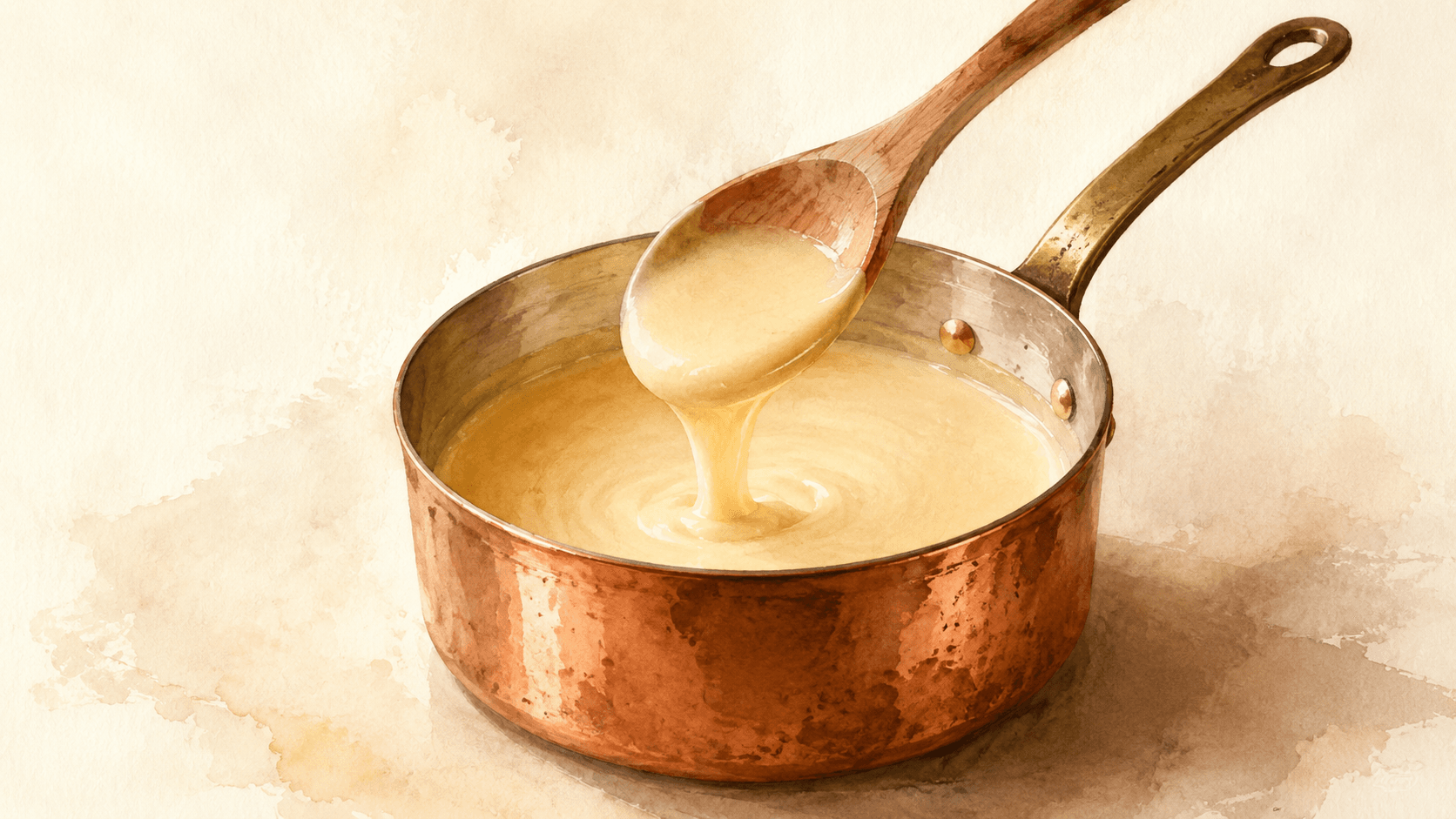 A pale golden velouté sauce being ladled into a white bowl, with a silky surface and slight sheen