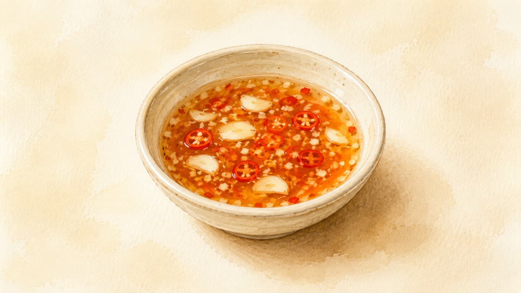 A beautifully illustrated bowl of Vietnamese Nuoc Cham with fresh herbs and chilies surrounding it.