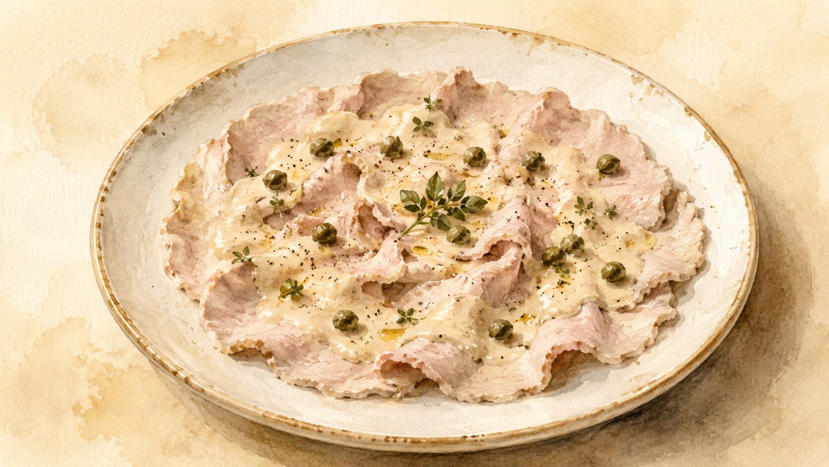Cold sliced veal drizzled with a pale tuna-mayo sauce, garnished with capers and parsley.