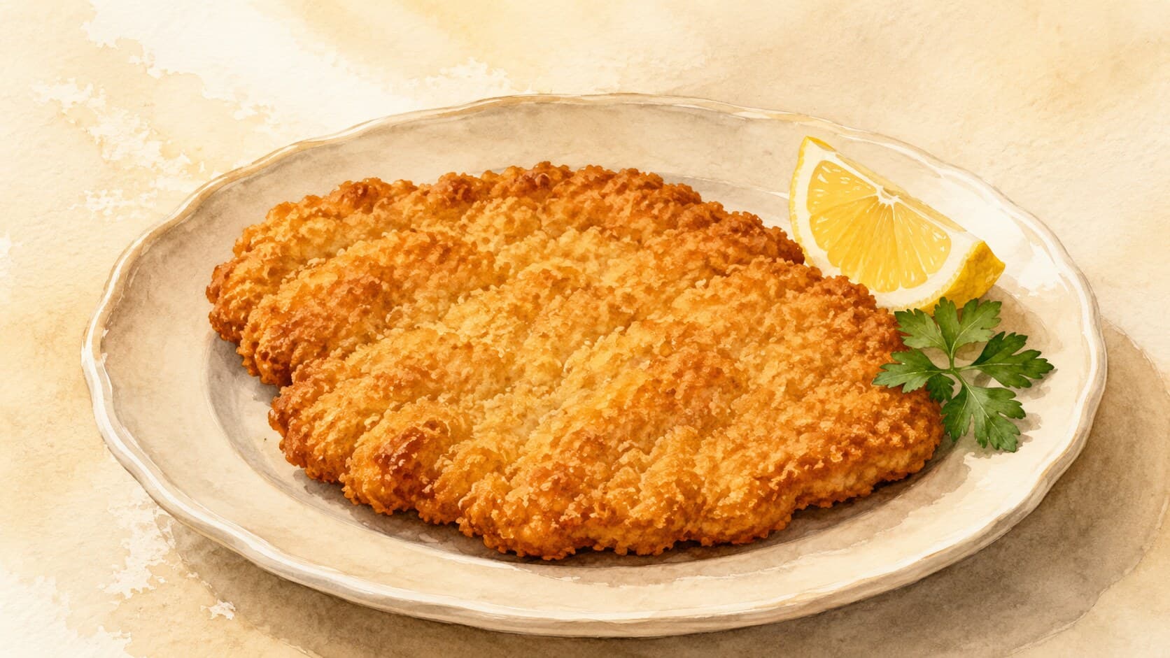 A large, golden-brown Wiener Schnitzel served with fresh parsley and a lemon wedge.