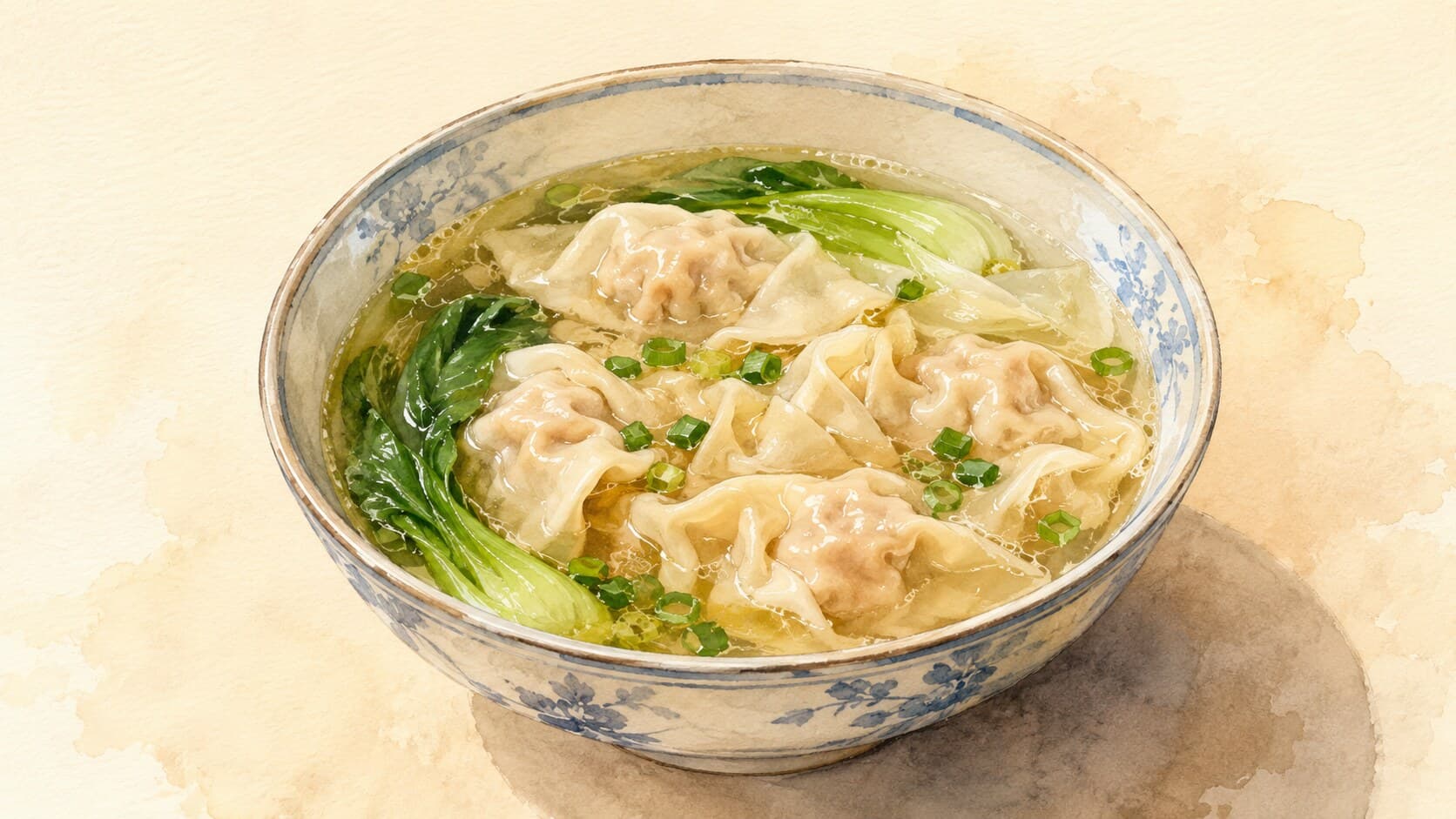 A wide bowl of clear amber chicken broth showcasing wontons with twisted tops, garnished with scallions.
