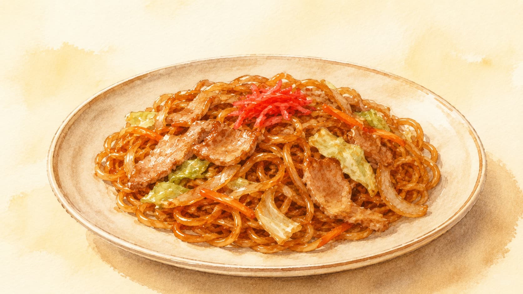 Colorful stir-fried noodles with vegetables and meat.
