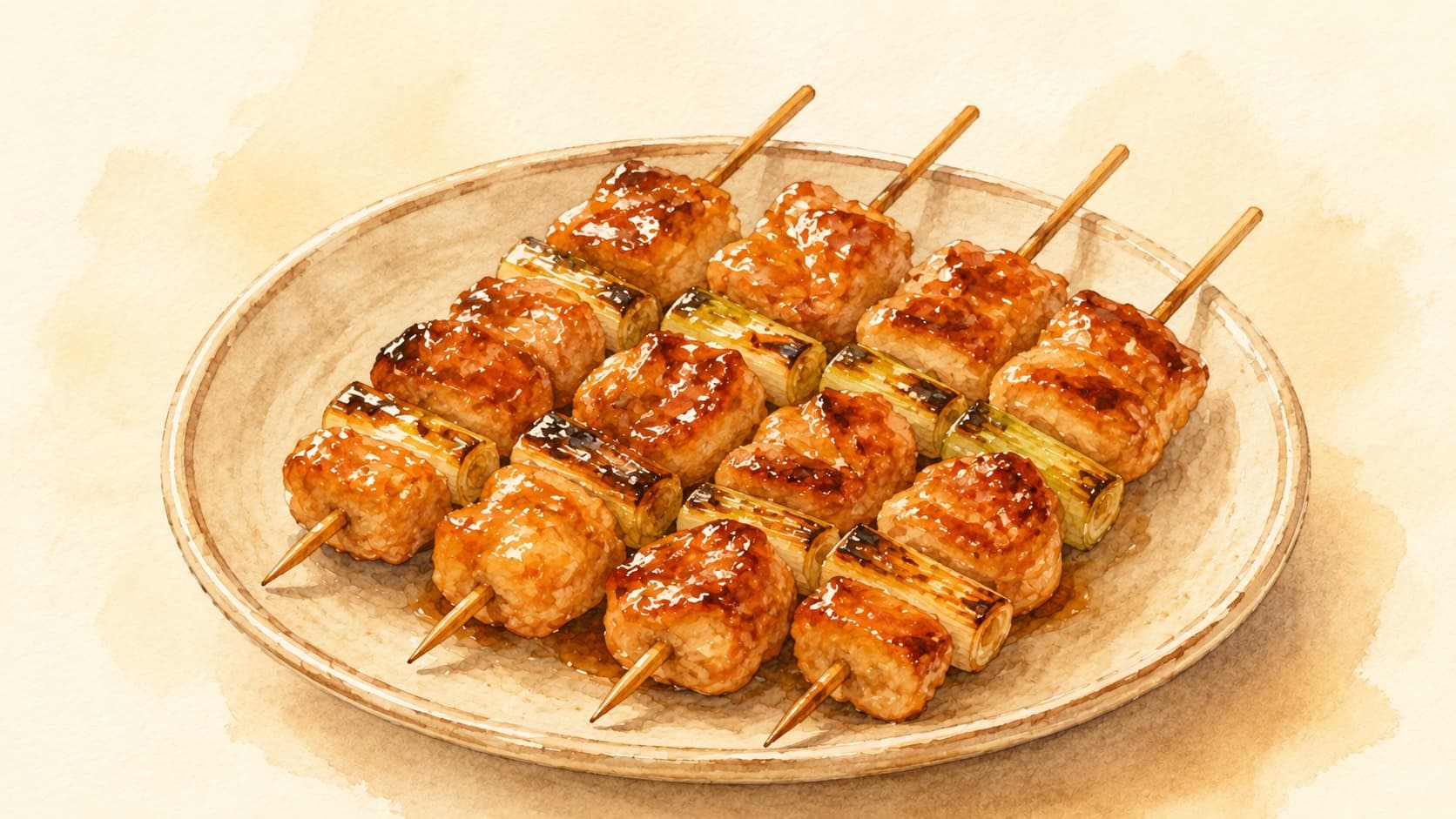 Grilled chicken skewers glistening with glaze, garnished with green onions.