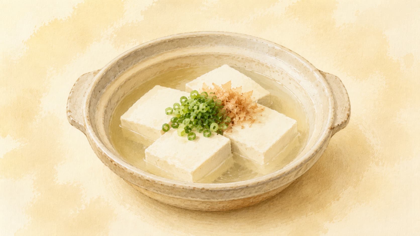 A bowl of Yudofu with silken tofu and green onions in a clear broth.