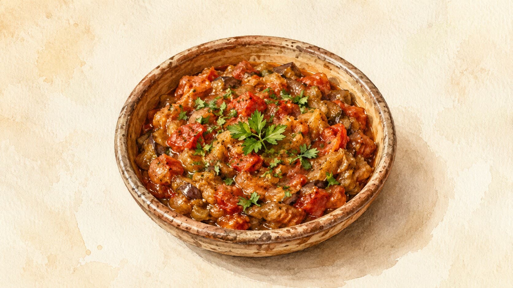 Glossy dark eggplant-tomato salad garnished with parsley in a Moroccan ceramic dish, with bread on the side.