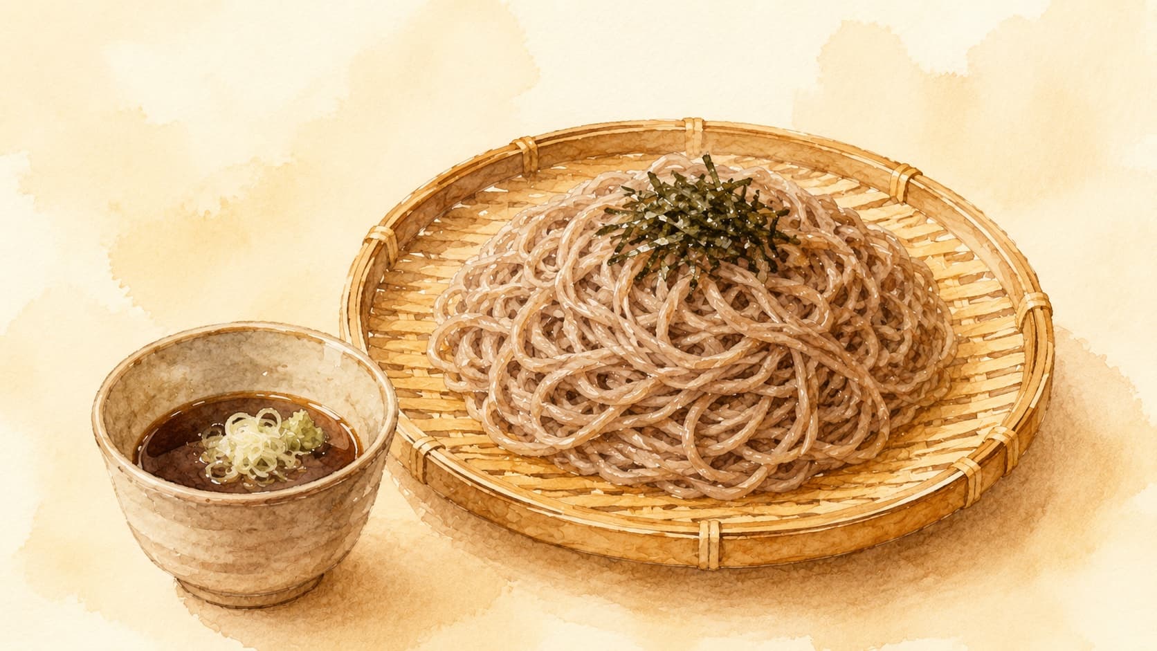 A bowl of chilled Zaru Soba noodles garnished with green onions and served with dipping sauce.