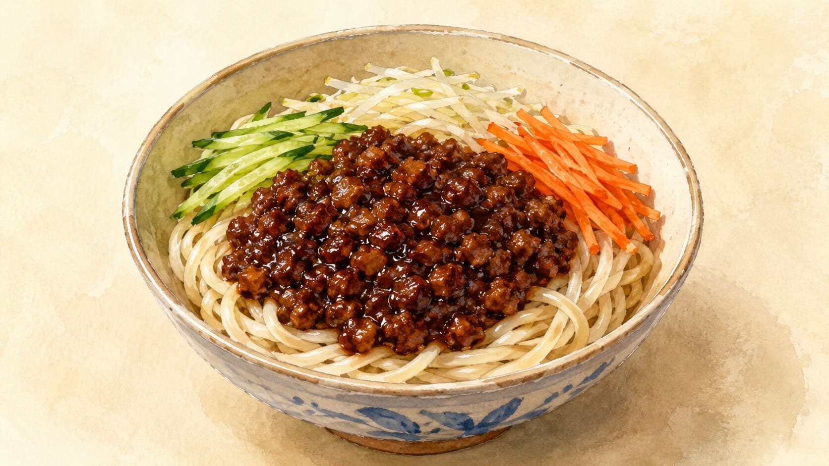 A wide bowl of thick white noodles topped with dark glossy pork-and-bean-paste sauce and ribbons of pale green cucumber.