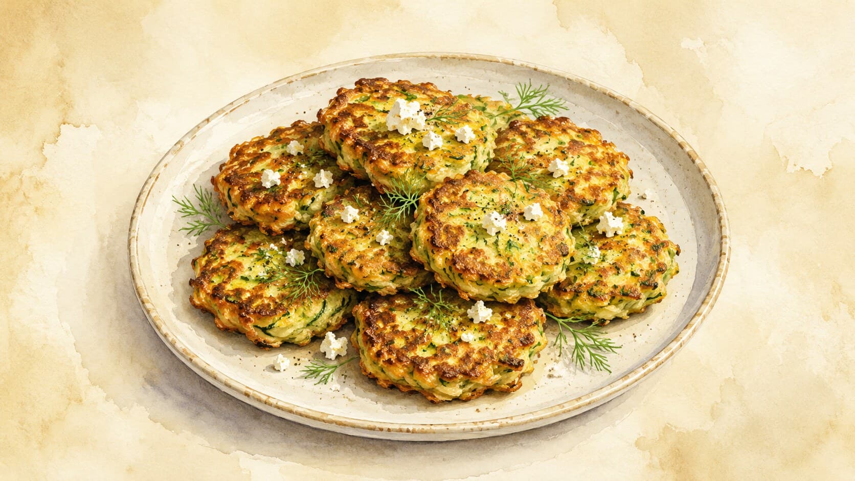 A golden-brown zucchini fritter garnished with fresh herbs on a plate.