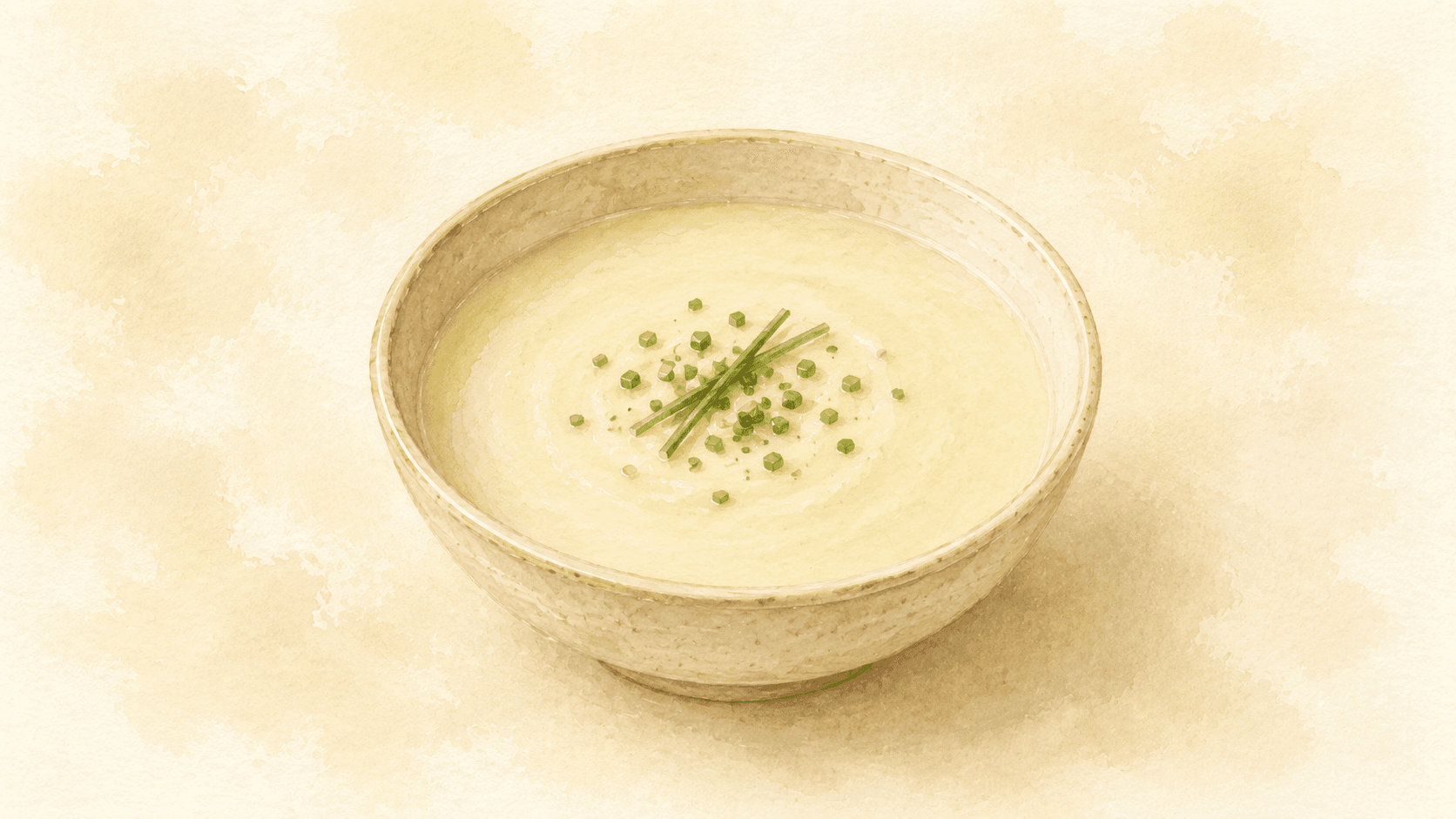 A pale-cream pureed potage in a shallow ceramic bowl, a swirl of cream on top and a sprig of chervil