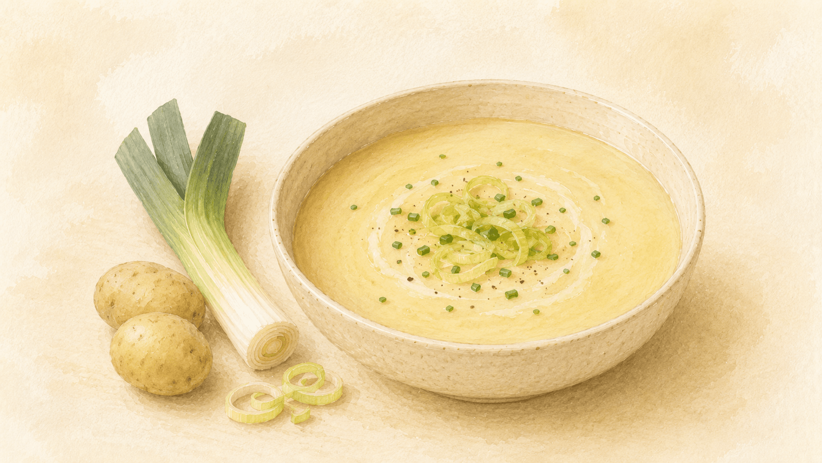 A pale-cream pureed potage in a shallow ceramic bowl, a swirl of cream on top and a sprig of chervil