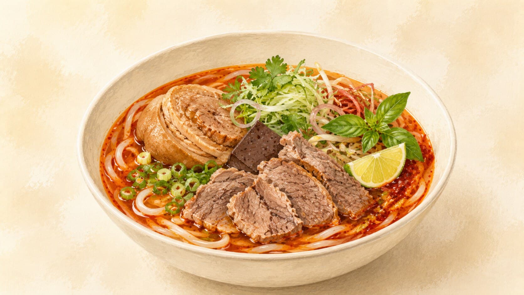 A deep bowl of reddish-amber bún bò Huế broth with thick round noodles, sliced beef, a piece of pork trotter, and fresh herbs visible at the rim