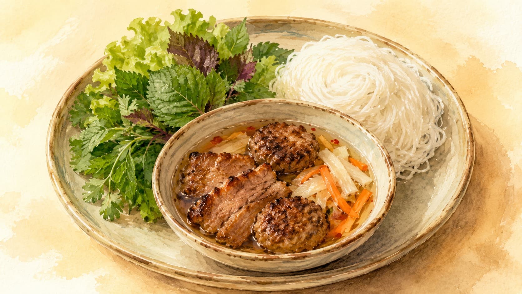 A ceramic dipping bowl of pork patties and pork belly in amber nước chấm sauce, alongside a nest of white rice vermicelli and a plate of fresh herbs