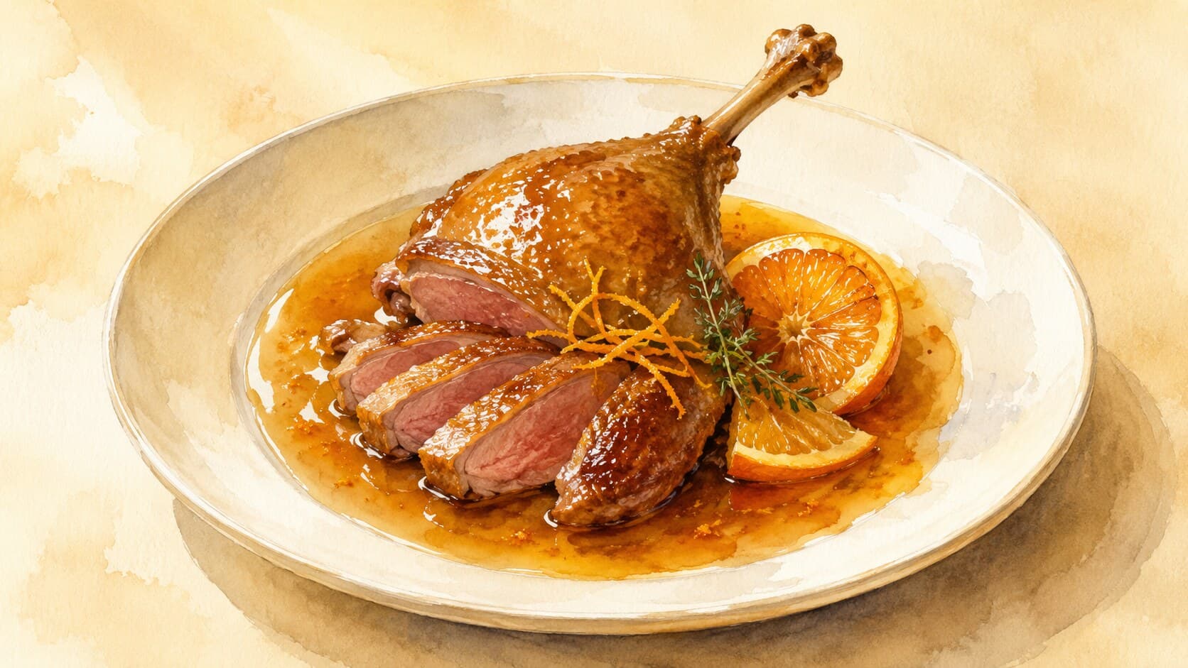 A whole roasted duck with deep mahogany skin served with orange segments and glossy amber sauce.