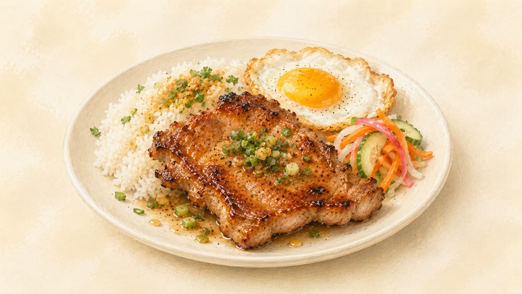 A plate of broken rice with a caramelized pork chop alongside, egg-pork cake, pickled daikon and carrot, cucumber slices, and visible spring onion oil on the rice