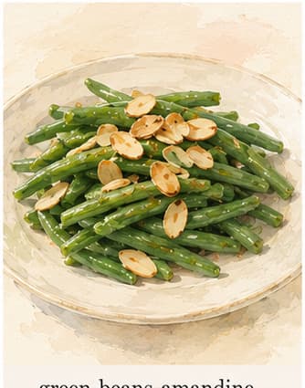 Bright green beans tossed with golden-brown slivered almonds in a dark skillet, with a glossy brown butter sheen