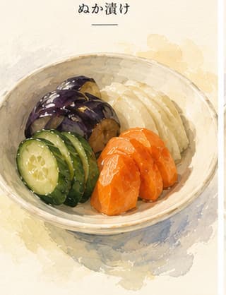 Sliced pale yellow pickled daikon and green cucumber arranged on a small plate, with faint surface ridges from the bran bed pressing