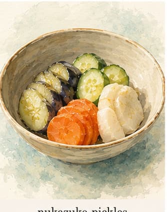 Sliced pale yellow pickled daikon and green cucumber arranged on a small plate, with faint surface ridges from the bran bed pressing