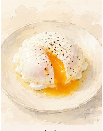 A poached egg on a white plate, white set and opaque, yolk still visible as a soft dome beneath the surface