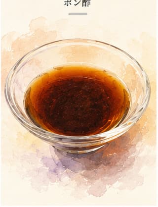 A small clear glass bottle of dark amber ponzu beside a halved yuzu on a ceramic plate, dashi-kombu visible behind