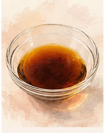 A small clear glass bottle of dark amber ponzu beside a halved yuzu on a ceramic plate, dashi-kombu visible behind