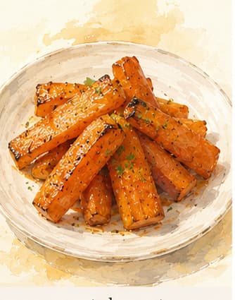 Roasted carrot halves on a dark baking sheet, caramelized edges and a deep amber glaze on the cut faces