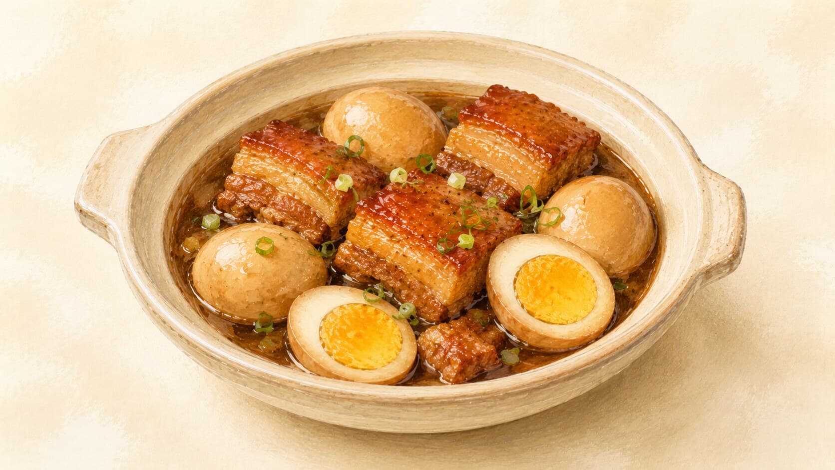 A wide clay pot with deep amber braising liquid, large pork belly cubes, and dark-stained eggs — the sauce thick and shining, steam rising from the surface