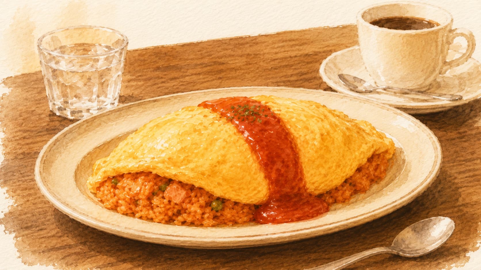 洋食屋スタイルのオムライス。楕円形に成形されたチキンライスの上に、表面が滑らかな薄黄色のふわとろ卵がかぶさり、深紅のケチャップがS字に描かれている